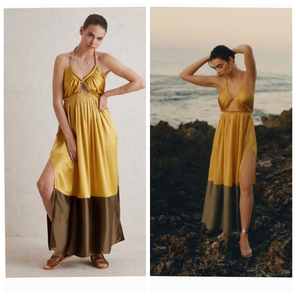 Anthropologie Mustard and Olive Halter Maxi Dress
